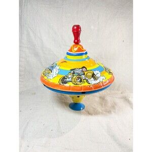1970s Ohio Art Co Spinning Tin Top Toy Kids Racing Cars 8" diameter